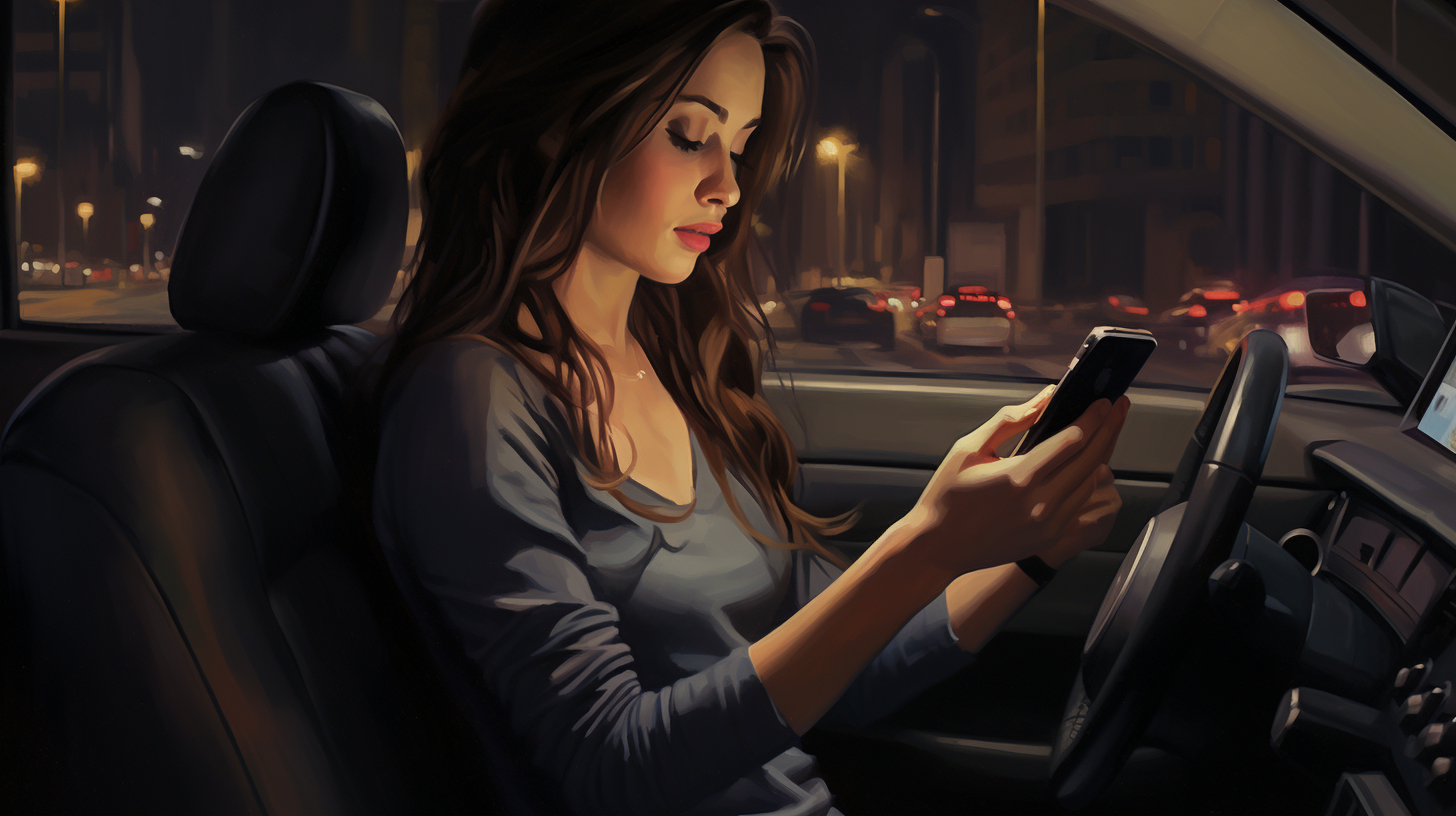 chauffør, der bruger vantrue-appen på en smartphone til at forbinde og administrere et dashcam om natten