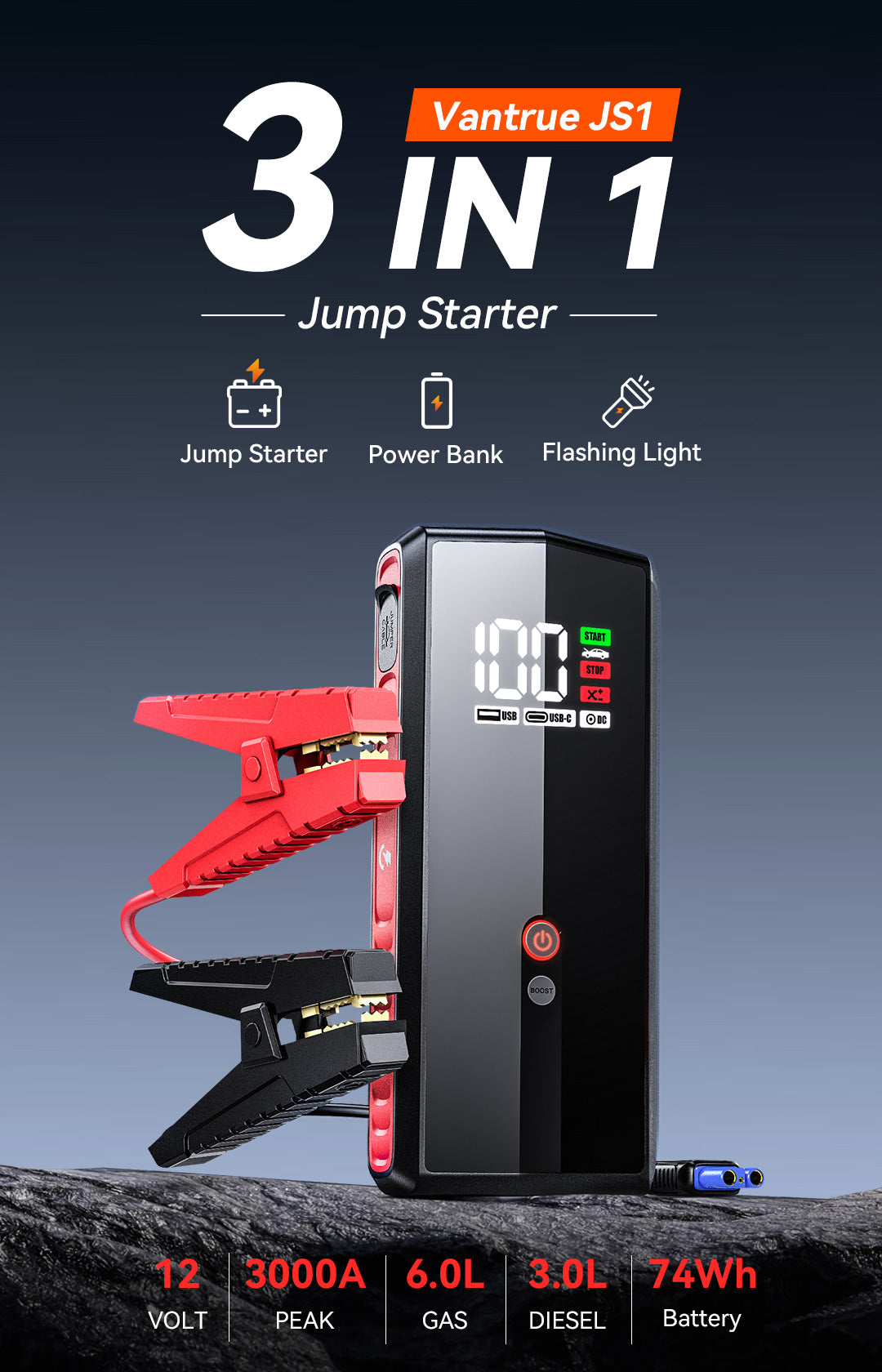 Great BW-JS1 Portable Car Jump Starter - 12000mAh 800A Emergency Battery Booster Power Bank - Waterproof (1U104)(1U89)(1LT1)(1LT1)(F104)