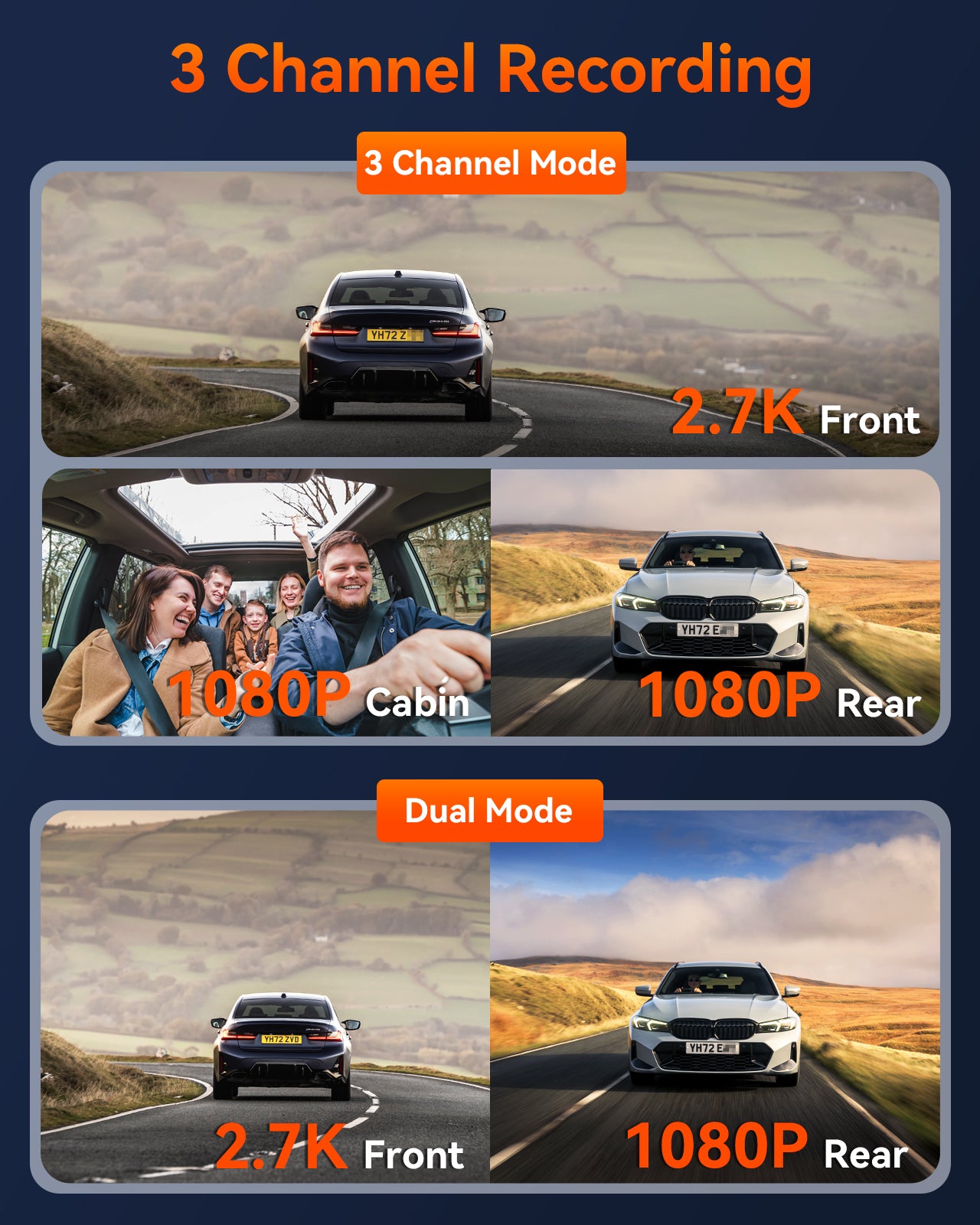 Vantrue E3 3 Channel 2.5K Dash Cam – WiFi, GPS, Voice