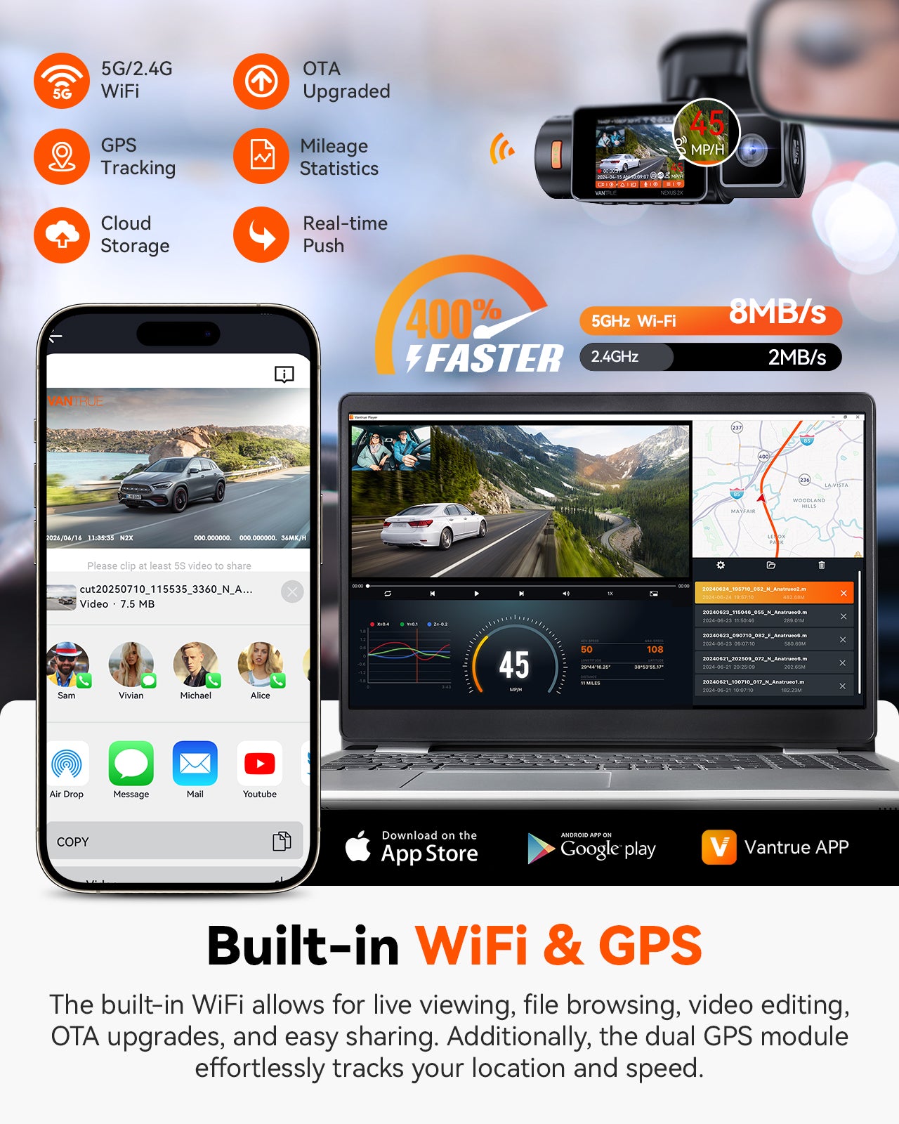 Vantrue N2X 2.7K Dual Dash Cam for Uber, 5G WiFi, GPS, IR Night Vision
