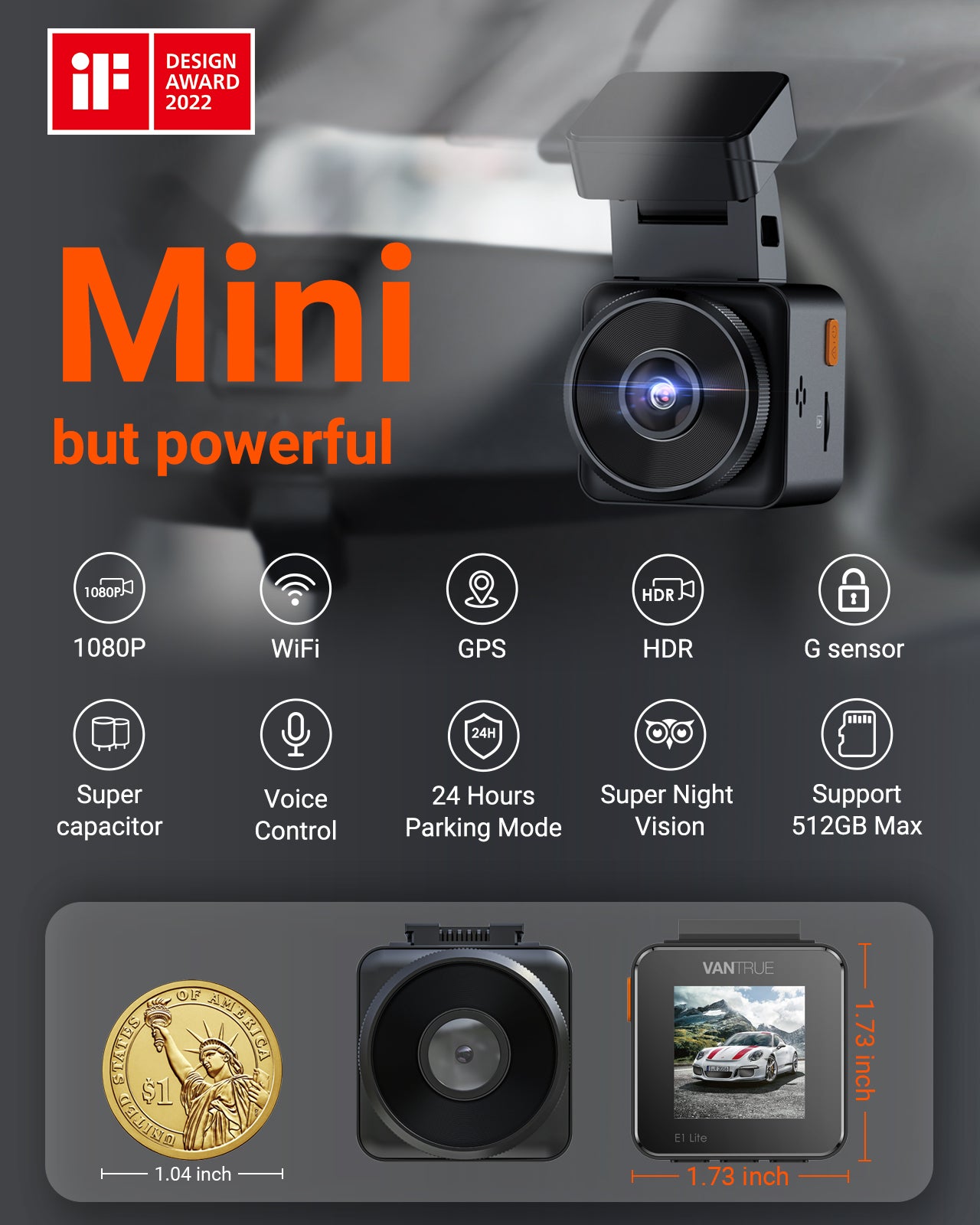 Vantrue E1 Lite Dash Cam 1080P | GPS, Voice Control, WiFi, HDR