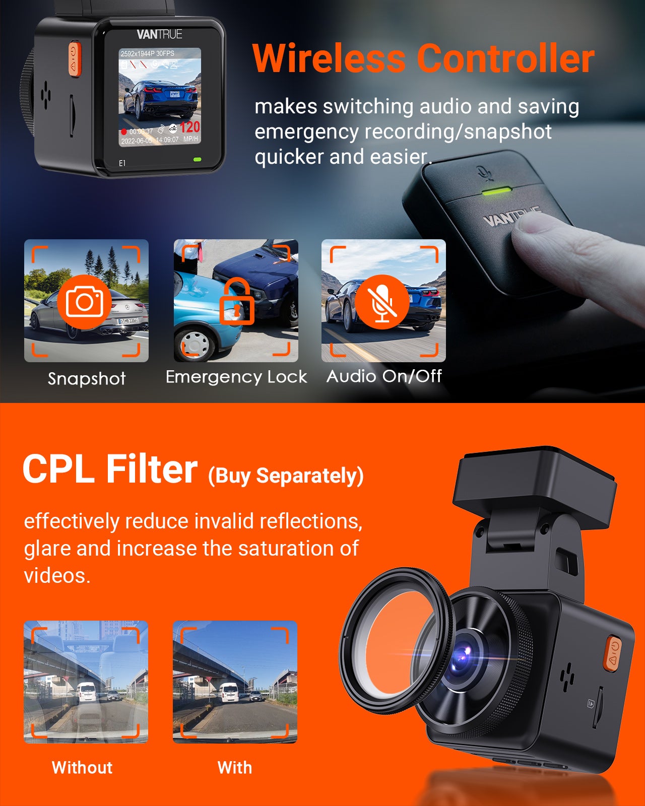 Vantrue E1 Dash Cam 1944P | GPS, Voice Control, HDR, WiFi App