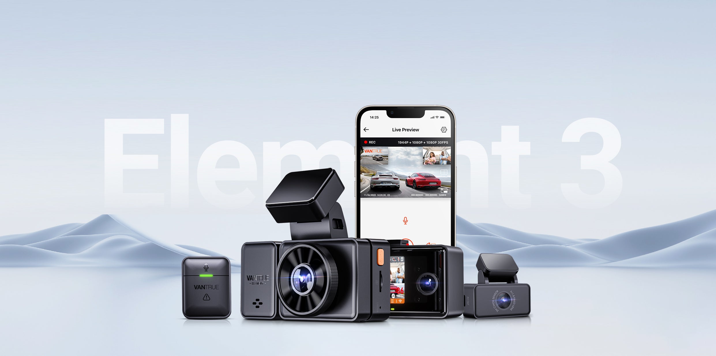 Vantrue E3 3 Channel 2.5K Dash Cam – WiFi, GPS, Voice Control, HDR