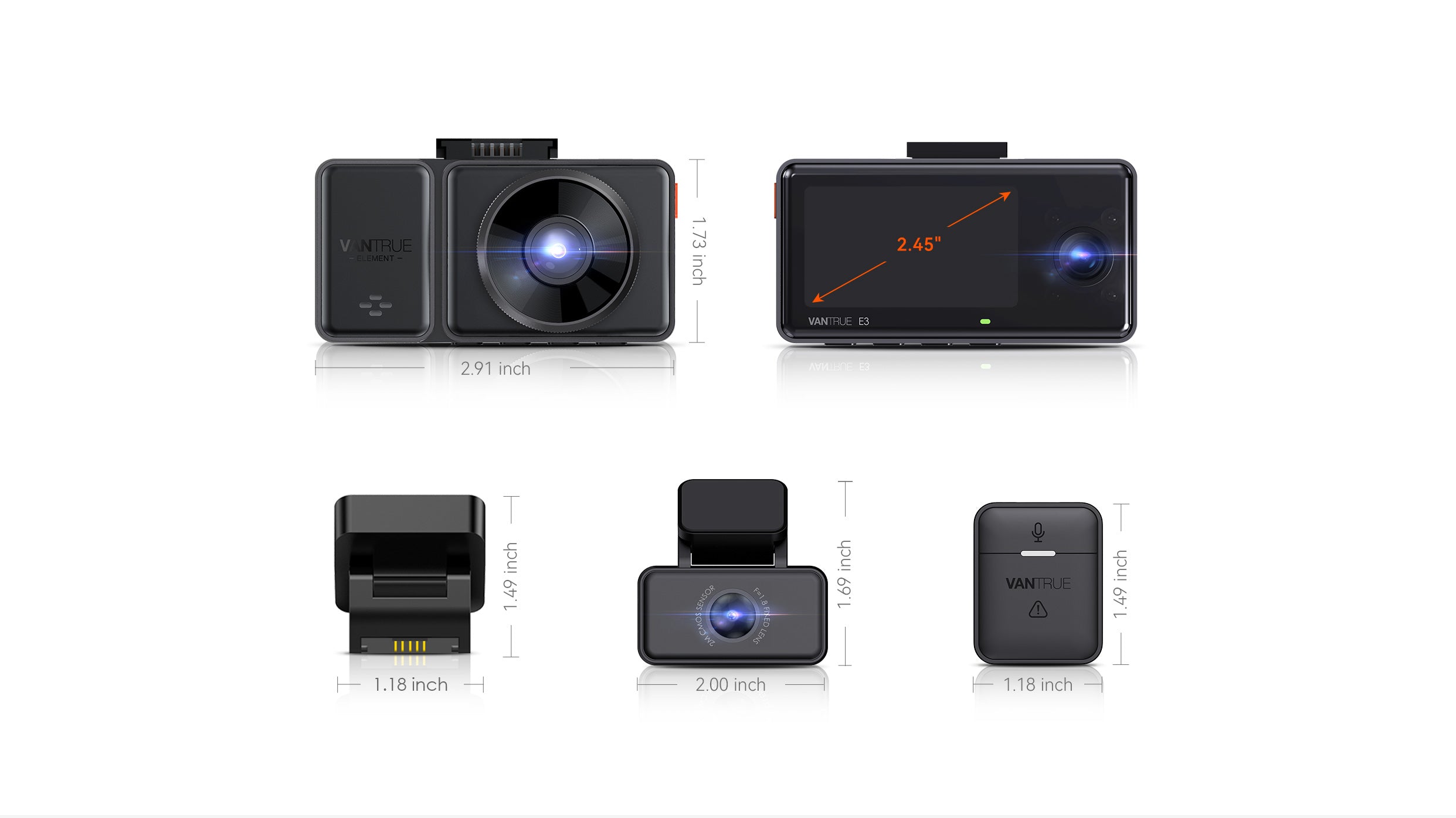 Vantrue E3 3 Channel 2.5K Dash Cam – WiFi, GPS, Voice Control, HDR