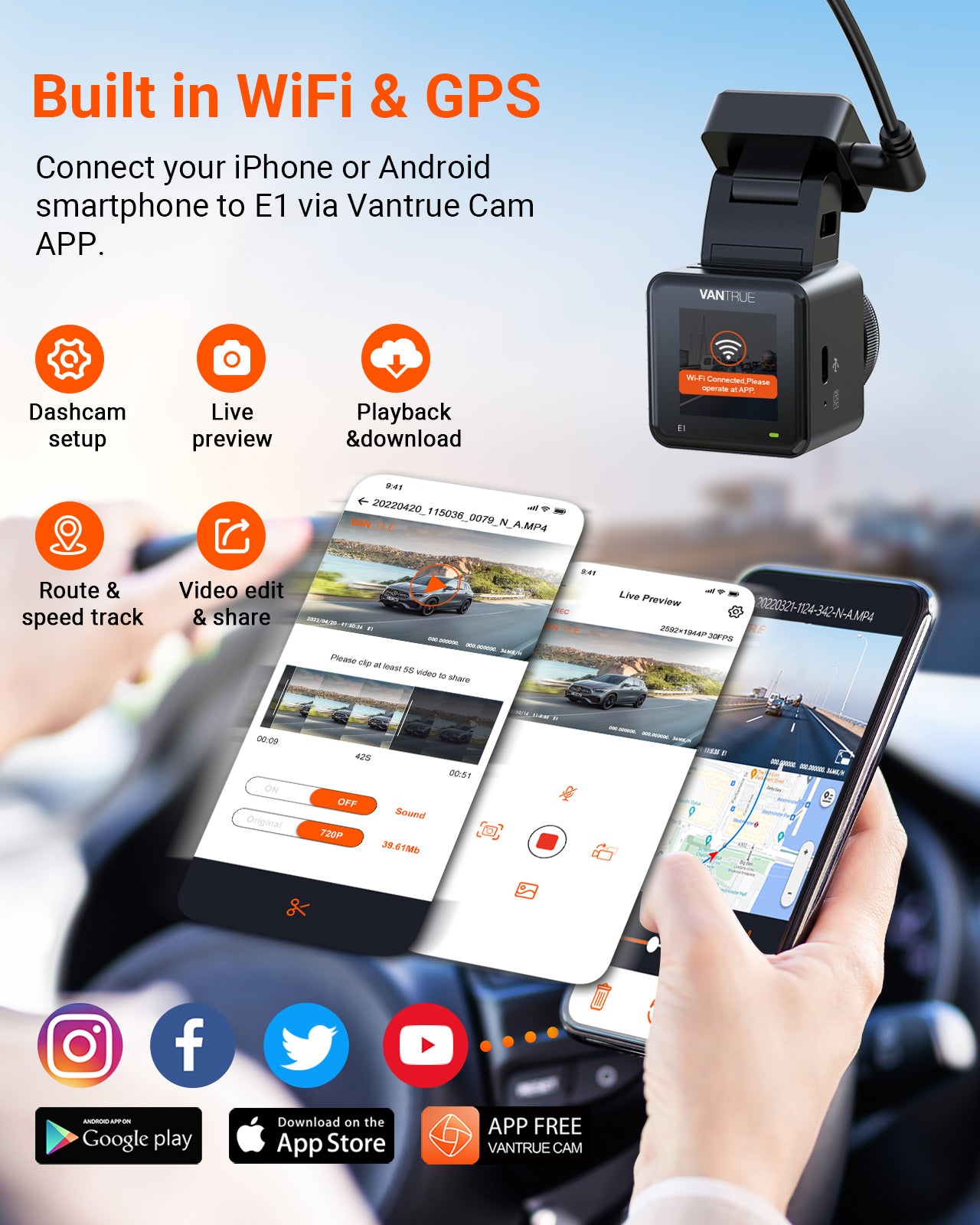 Vantrue E1 Dash Cam 1944P | GPS, Voice Control, HDR, WiFi App