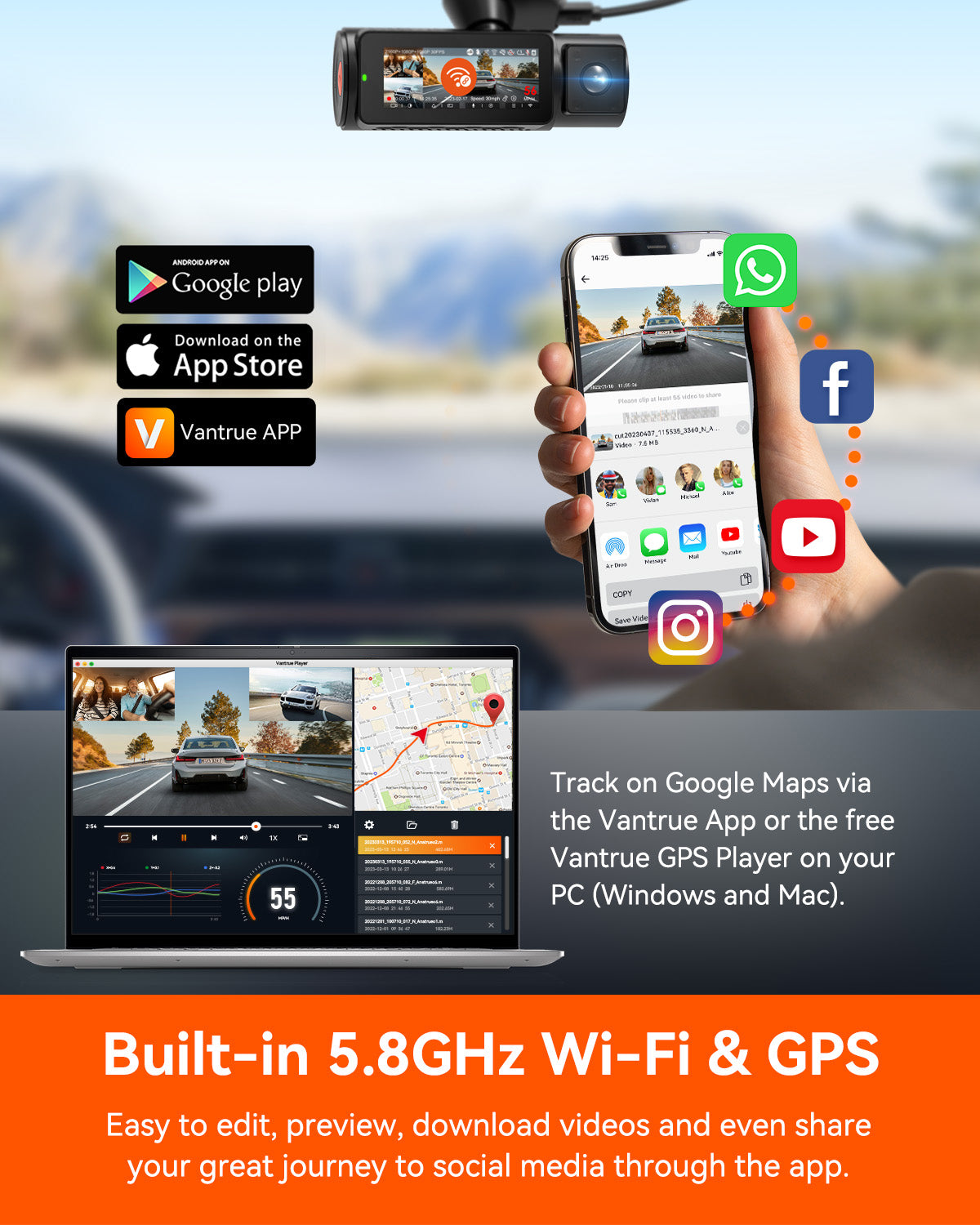 Vantrue N4 Pro 4K Dash Cam – 3-Channel, Night Vision, WiFi & GPS