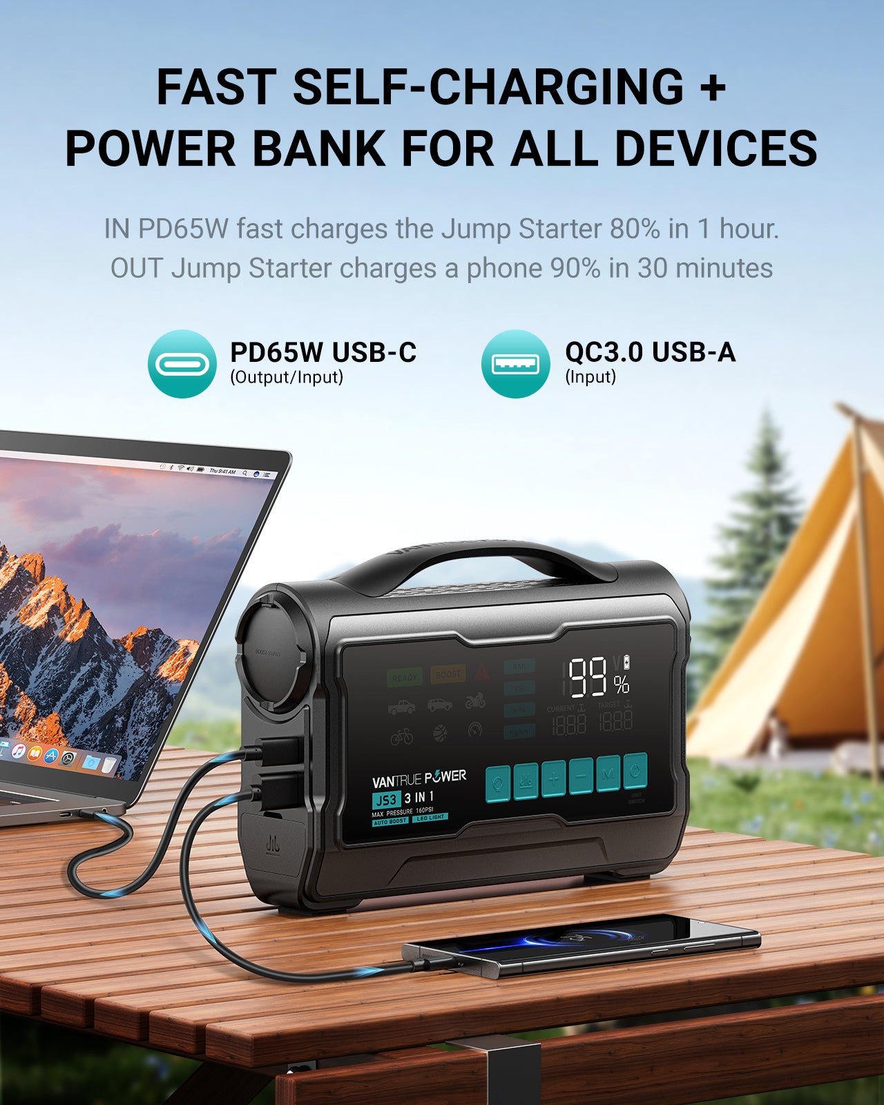 JS3 All-in-One Jump Starter & Air Compressor – Vantrue