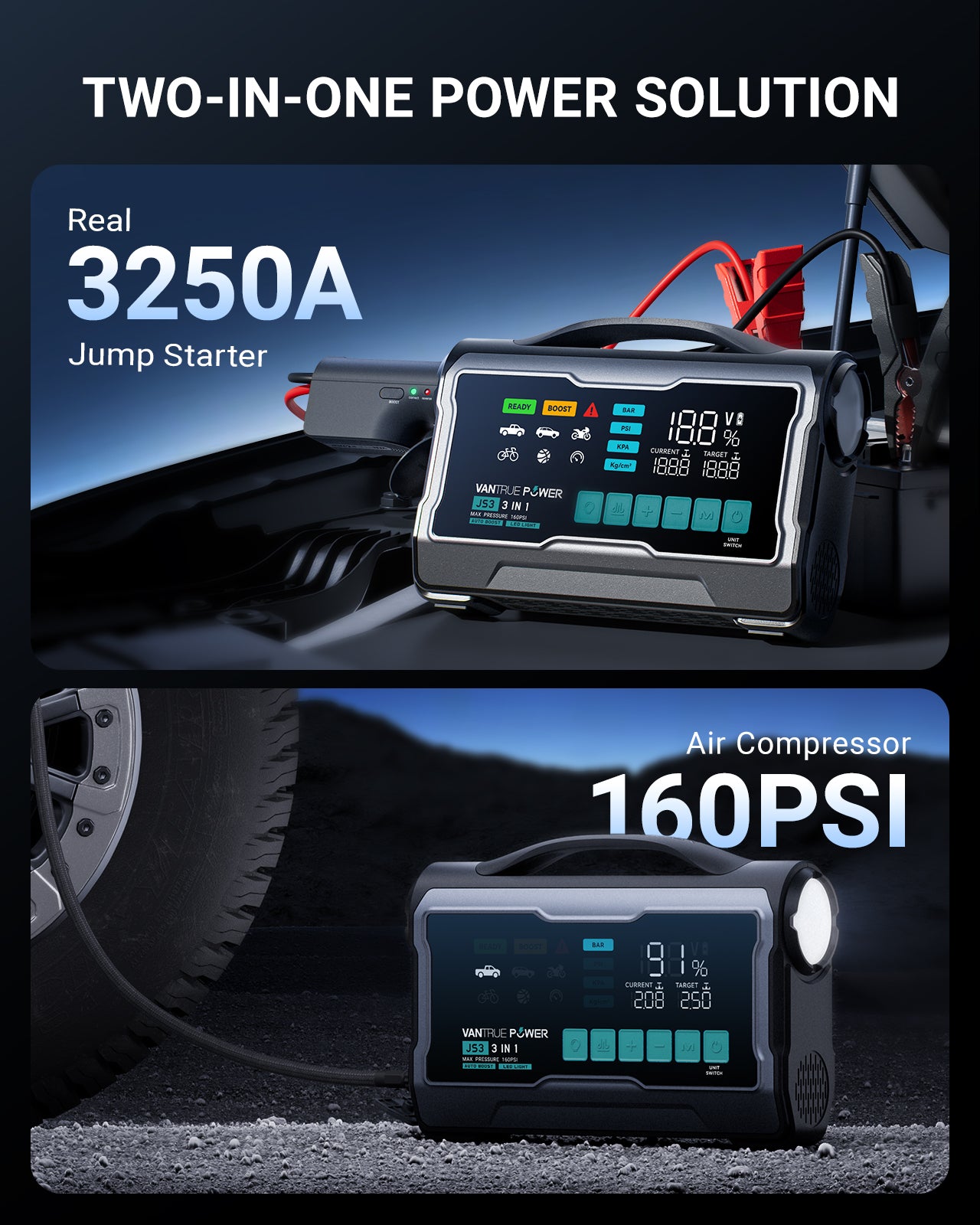 JS3 All-in-One Jump Starter & Air Compressor – Vantrue