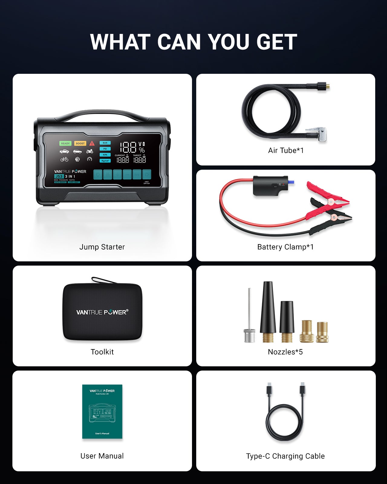 JS3 All-in-One Jump Starter & Air Compressor – Vantrue