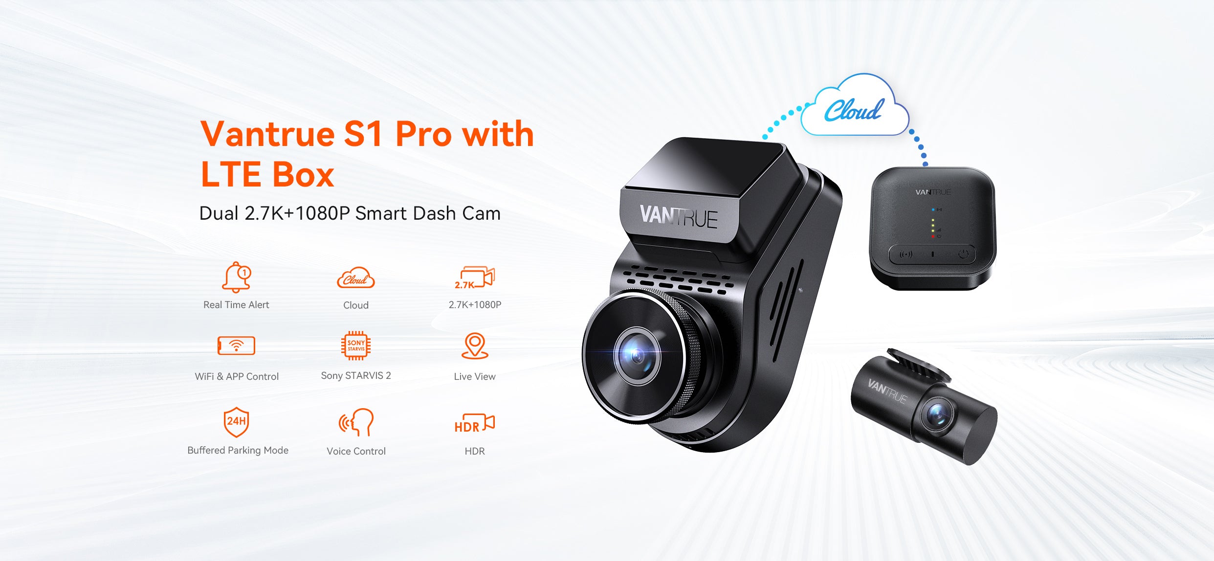 Vantrue S1 Pro Dash Cam 2.7K Front + 1080P Rear | HDR, WiFi, GPS