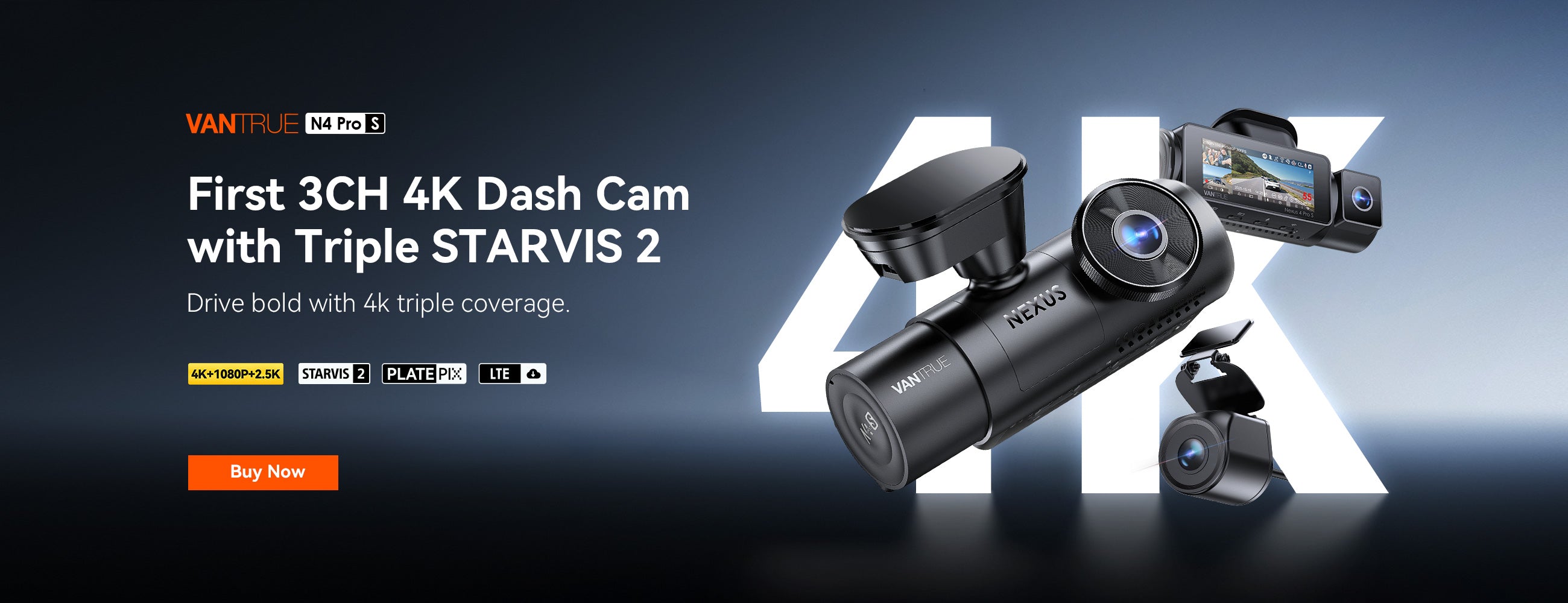 Vantrue N4 Pro S 4K 3-Channel Dash Cam | Front + Inside + 2.5K
