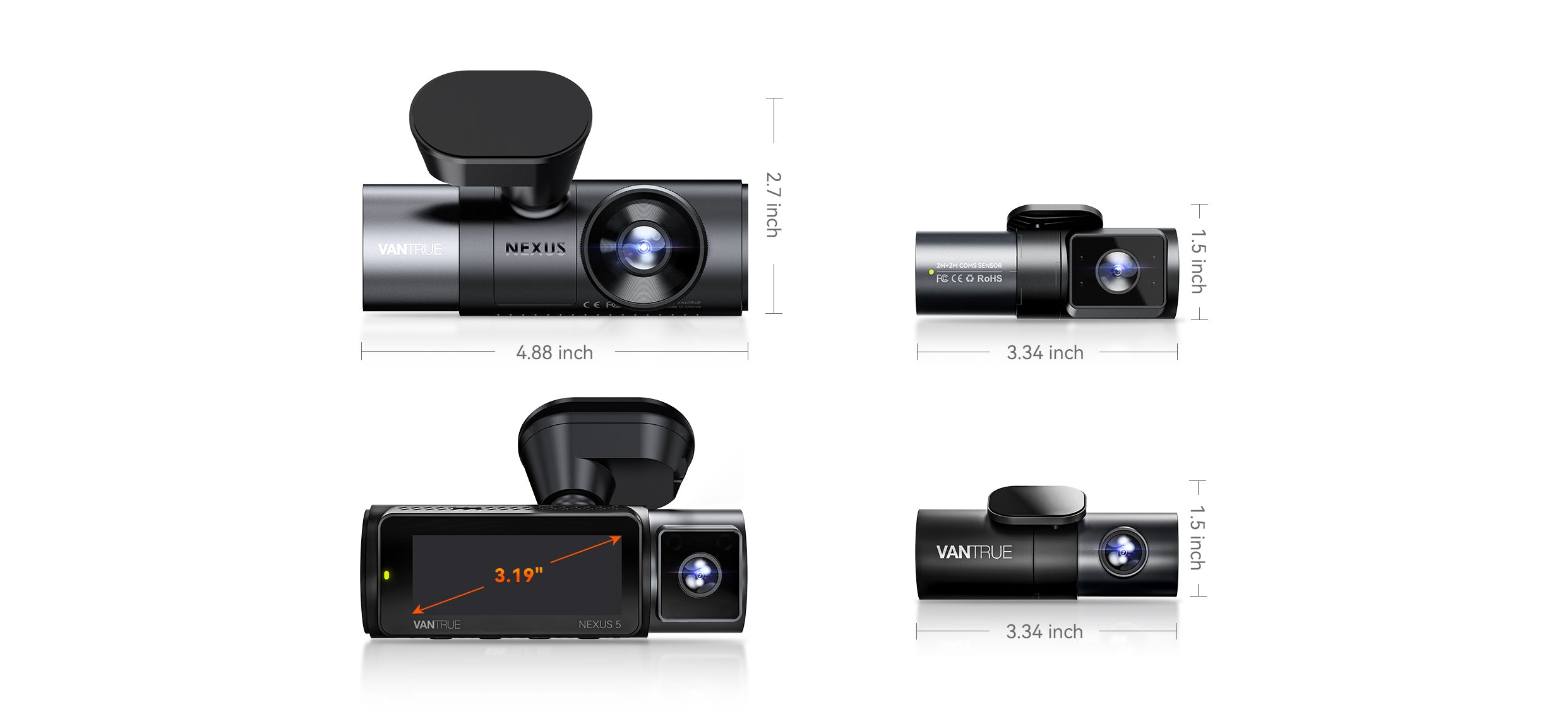 VANTRUE NEXUS 5 ドライブレコーダー　マイクロSD256G付き Vantrue N5 4-Channel Dash Cam | 360° 2.7K+1080P, STARVIS 2, WiFi, GPS