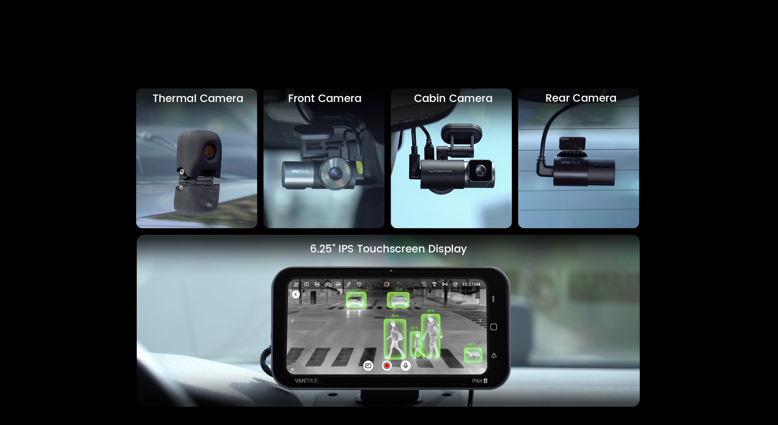 vantrue pilot 2 four camera set thermal front cabin rear dash cam touchscreen display