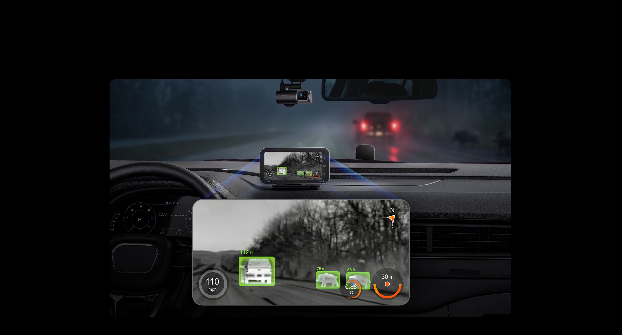 vantrue pilot 2 thermal dash cam ai animal detection driving scene display