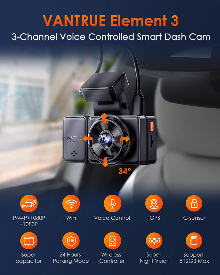 VANTRUE E3 3 Lens Dashcam mit Sprachsteuerung, eingebautes 5GHz WiFi GPS,  360°Vorne Hinten, Sternenlicht+IR Nachtsicht, 24Std. Puffer Parkmodus,  Loopaufnahme - Smart-cam